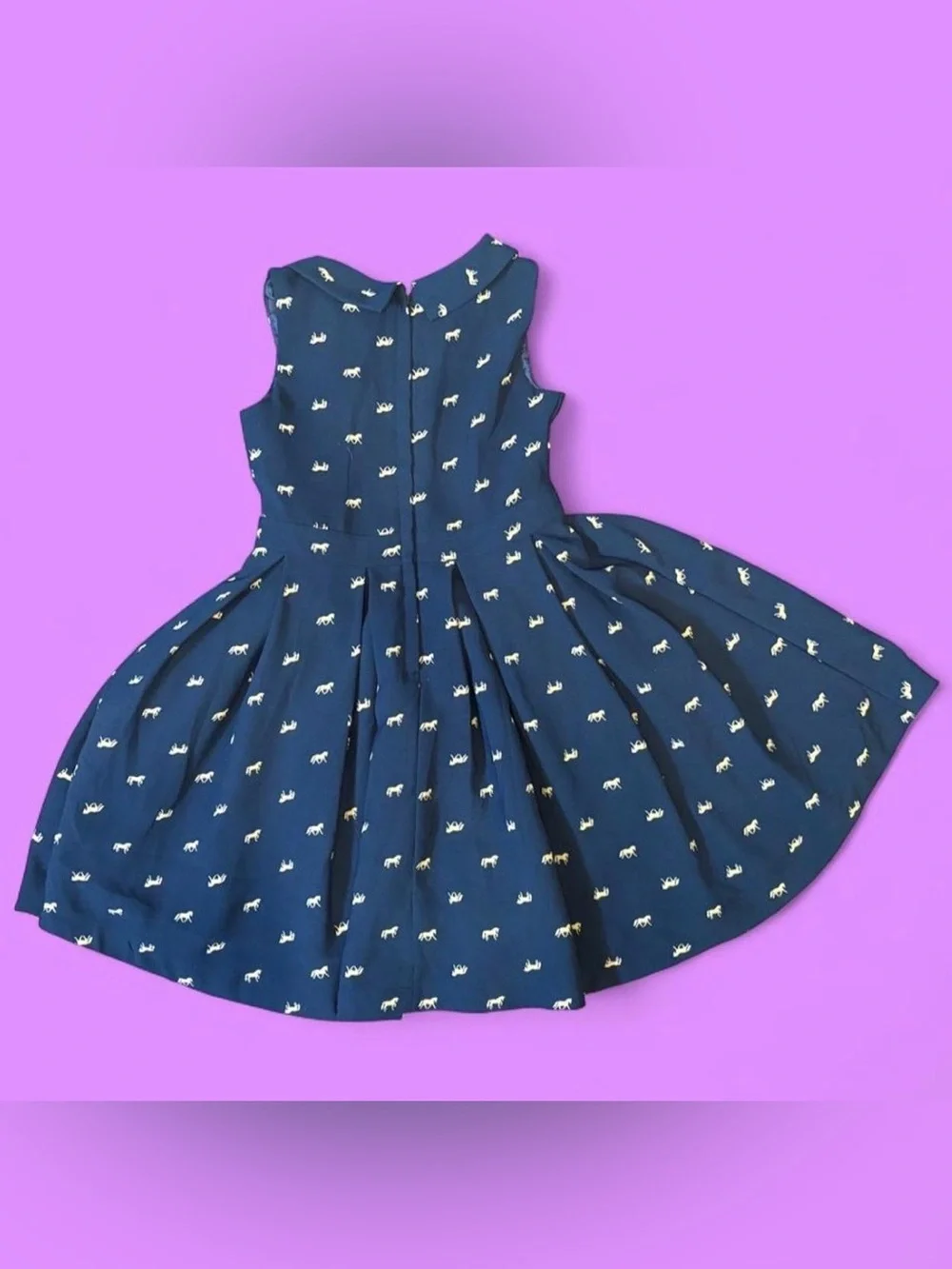 Hope & Henry Navy Fit-and-Flare Dress with Gold Horse Print